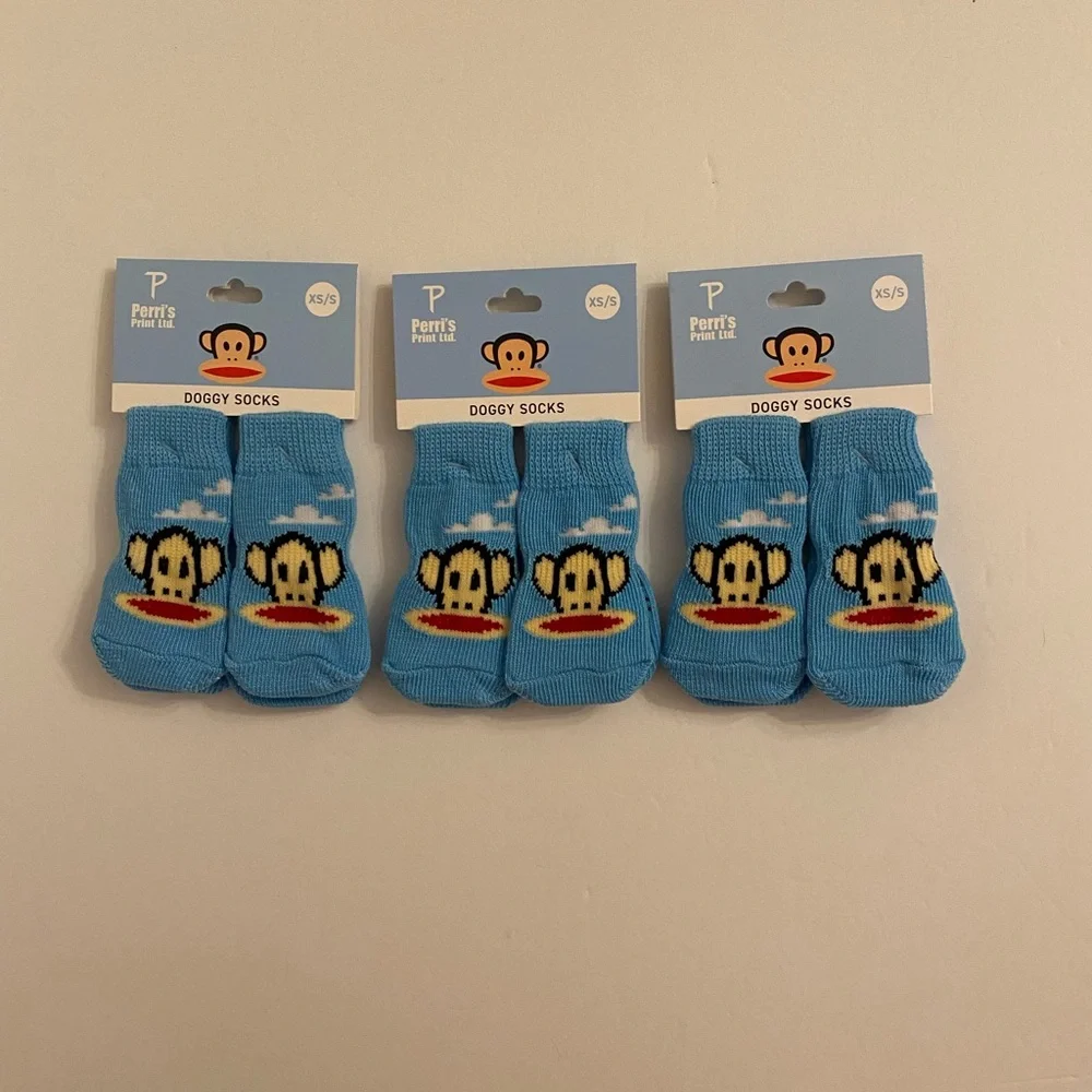 Perri’s Paul Frank Doggy Socks 3 SETS Monkey Face Clouds Grip Bottom Blue XS
